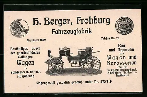 AK Frohburg, H. Berger Fahrzeugfabrik Reklame