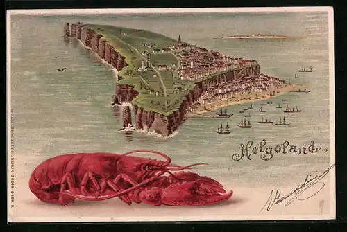 Lithographie Helgoland, Gesamtansicht mit Schiffen, Hummer