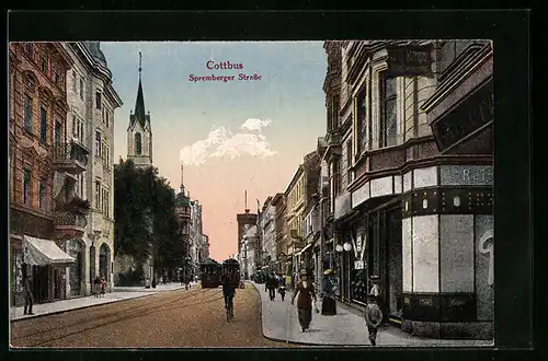 AK Cottbus, Spremberger Strasse mit Strassenbahnen