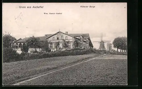 AK Ascheffel, Hüttener Berge, Wwe. Greve`s Gasthof, Windmühle