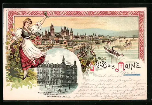 Lithographie Mainz, Gundlach`s Hotel und Rheinische Bierhalle, Schiffe