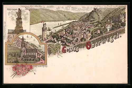 Lithographie Oberwesel, Krieger-Denkmal, Liebfrauen-Kirche
