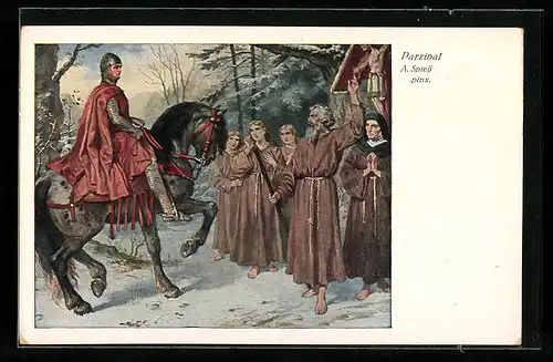 Künstler-AK sign. A. Spiess: Parsival und Mönche