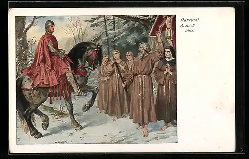Künstler-AK sign. A. Spiess: Parsival und Barfuss-Mönche im Schnee