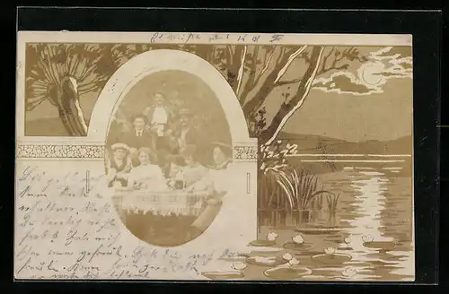 Foto-AK Familie am Tisch im Passepartout vor See-Idylle