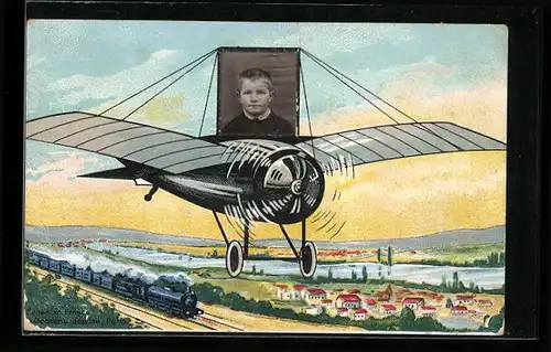 Foto-Collage-AK Bild eines Knaben auf Flugzeug über Landschaft mit Eisenbahn