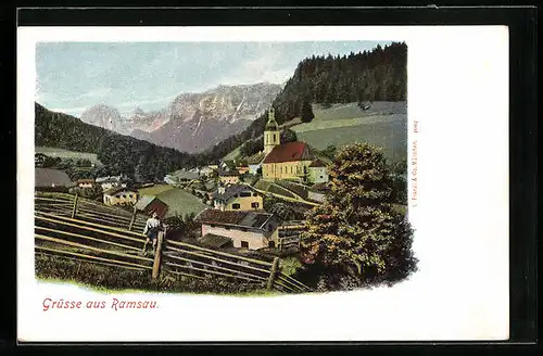 AK Ramsau, Ortspartie mit Bergen