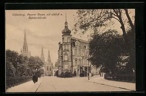 AK Oldenburg, Innerer Damm mit Schloss und Lambertikirche