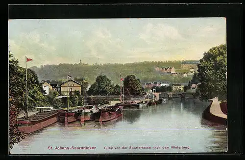 AK St. Johann-Saarbrücken, Blick von der Seeterrasse nach dem Winterberg