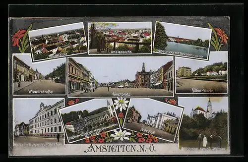 AK Amstetten, Totalansicht, Ybbsbrücke mit Elektrizitätswerk, Bahnhof