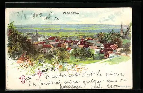 Lithographie Amstetten, Panorama der Stadt