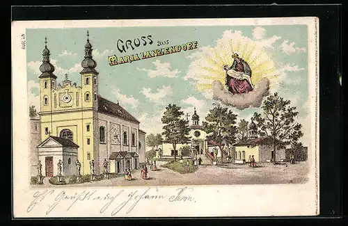 Lithographie Maria Lanzendorf, Ortsansicht mit Kirche