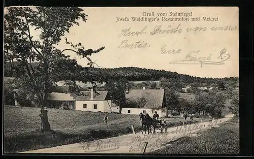 AK St. Andrä-Wördern, Josefa Weidlinger`s Restauration und Meierei von der Strasse gesehen mit Kutsche