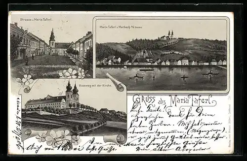 Lithographie Maria Taferl, Ortsansicht, Strassenpartie, Bussweg mit der Kirche