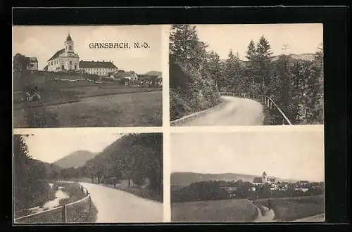 AK Gansbach, Strassenpartie mit Bäumen, Kirche