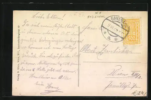 AK Gansbach, Strassenpartie mit Bäumen, Kirche