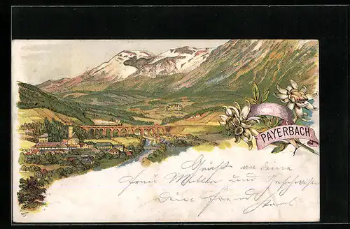 Lithographie Payerbach, Ortsansicht mit Brücke und Fluss