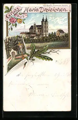 Lithographie Maria Dreieichen, Blick auf Kirche