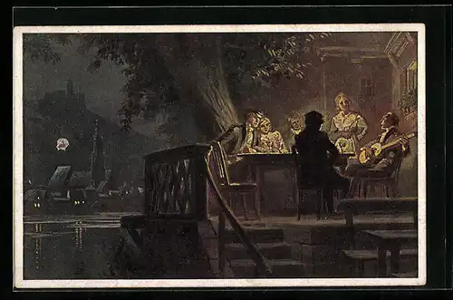 Künstler-AK Paul Hey: Verein für das Deutschtum im Ausland, Familie sitzt am Abend gemütlich zusammen