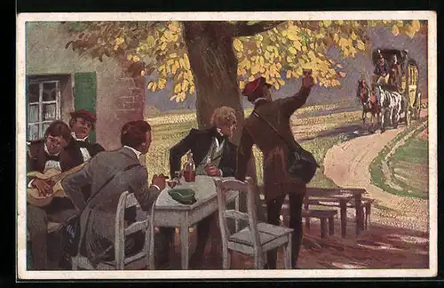 Künstler-AK Paul Hey: Verein für das Deutschtum im Ausland, Herren begrüssen freudig die Neuankömmlinge