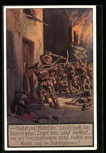 Künstler-AK Paul Hey: Verein für das Deutschtum im Ausland, Mann verteidigt sein Haus gegen die eindringenden Soldaten