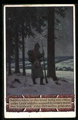 Künstler-AK Paul Hey: Verein für das Deutschtum im Ausland, Soldat bei der Nachtwache im Schnee