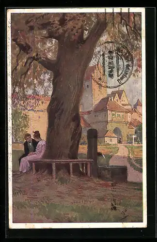 Künstler-AK Paul Hey: Verein für das Deutschtum im Ausland, Paar sitzt unter einem Baum am Brunnen vor dem Tore