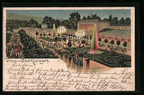 Lithographie Bad Kissingen, Festplatz mit Besuchern