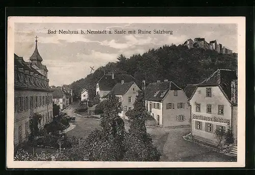 AK Bad Neuhaus b. Neustadt a. Saale, Teilansicht mit Ruine Salzburg