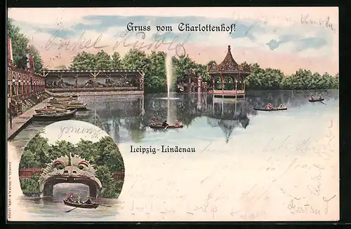 Lithographie Leipzig-Lindenau, Charlottenhof, Ruderpartien