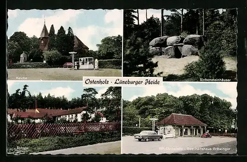 AK Ostenholz / Lüneburger Heide, Kirche, Schule, BP-Tankstelle Gräwinger