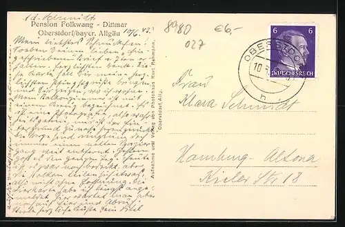 AK Oberstdorf / bayer. Allgäu, Pension Folkwang-Dittmar