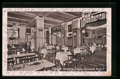 AK Leipzig, Münchner Löwenbräu, Blick in den Gastraum