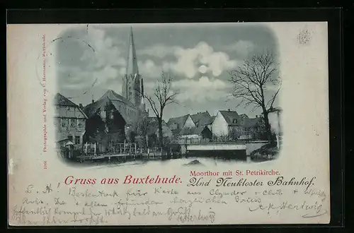 Mondschein-AK Buxtehude, Moorthor mit St. Petrikirche