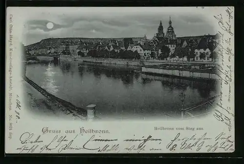 Mondschein-AK Heilbronn, Blick vom Steg auf die Stadt