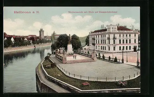 AK Heilbronn a. N., Neckaransicht mit Blick auf das Bismarckdenkmal und Neckar-Hotel