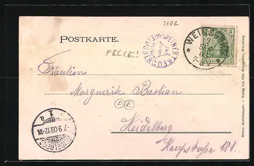 AK Weinsberg, Gesamtansicht mit Schloss, Portraits Justinus Kerner & Theobald Kerner