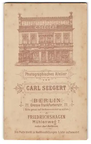 Fotografie Carl Seegert, Berlin, Grosse Frankfurterstr. 71, Ansicht Berlin, Blick auf das Fotografische Atelier