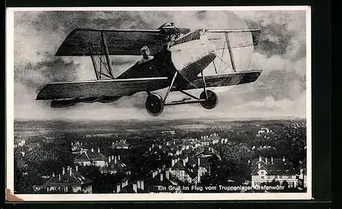 AK Grafenwöhr, Doppeldecker-Flugzeug über der Stadt