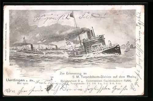 Künstler-AK Uerdingen /Rhein, SM Torpedoboots-Division auf dem Rhein, Divisonsboot D 4 Commandant Capitänleutnant Funk