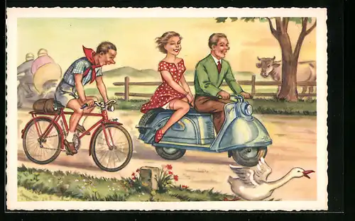 Künstler-AK Mann mit seiner Liebsten auf einem Motorroller, sausen an Fahrradfahrer vorbei