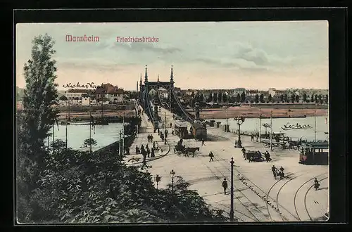 AK Mannheim, Friedrichsbrücke mit Strassenbahnen