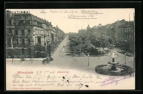 AK Mannheim, Der Kaiserring aus der Vogelschau mit Springbrunnen