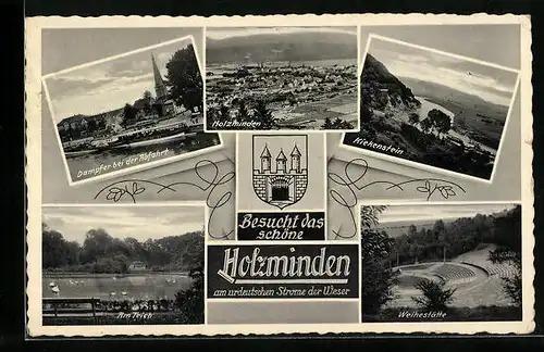 AK Holzminden /Weser, Gesamtansicht, Damperabfahrt, Weihestätte, Wappen