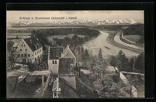 AK Grünwald i. Isartal, Schloss und Restaurant aus der Vogelschau