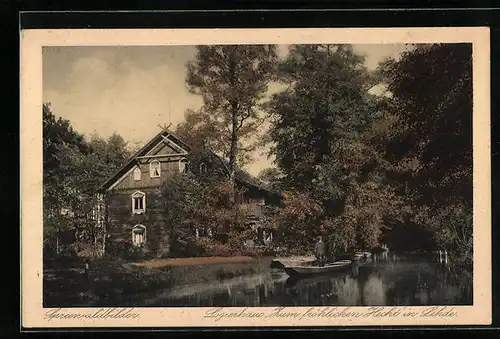 AK Lehde /Spreew., Logierhaus Zum fröhlichen Hecht mit Kahn