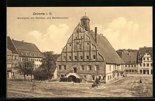 AK Grimma /Sa., Marktplatz mit Rathaus und Marktbrunnen