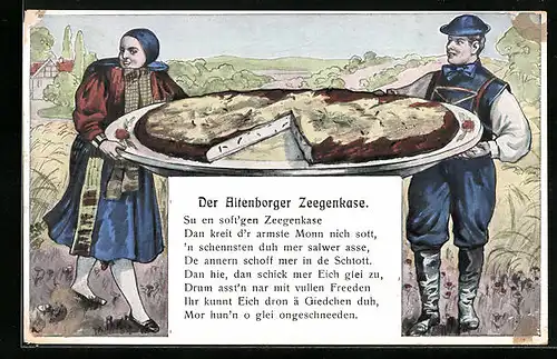 Künstler-AK Altenburg, Trachtenpaar mit Altenborger Zeegenkase