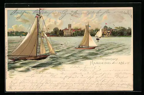 Lithographie Hamburg-Uhlenhorst, Segelboote mit Uferblick