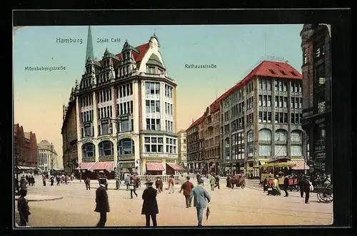 AK Hamburg, Rathaus- und Mönckebergstrasse mit Stadt-Cafe